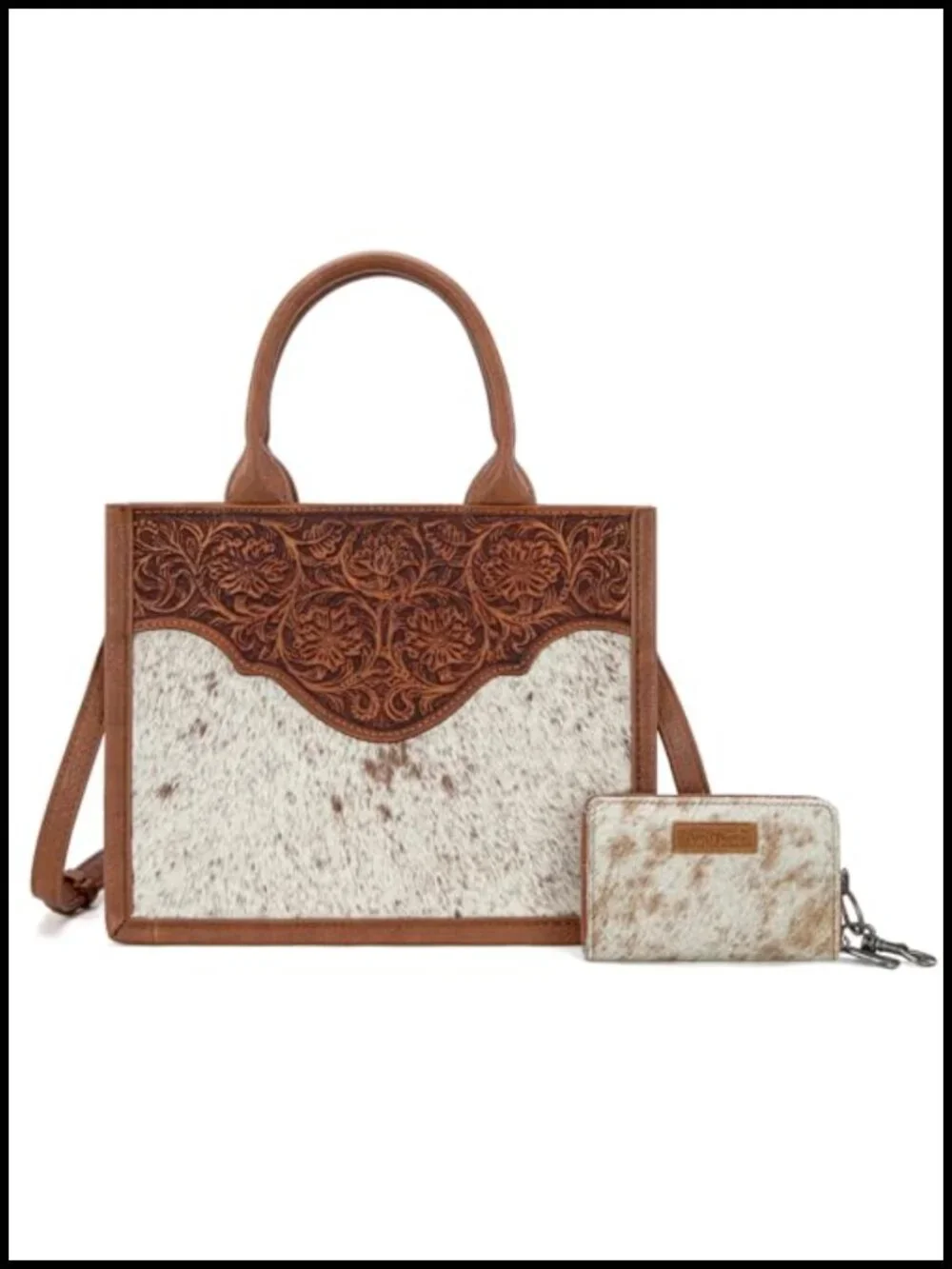 Genuine Hair-On Cowhide Floral Tooled Tote Bag, Top Zipper, Pockets
